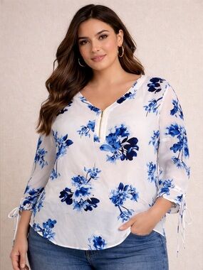 Worthington White Floral Blouse with Blue & Black Print